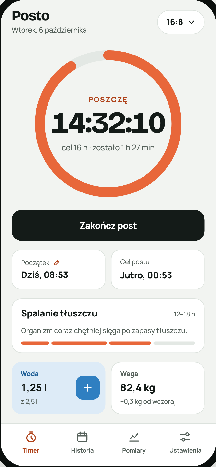 Ekran aplikacji: Timer i fazy postu